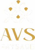 Logo AVS Paysage : monogramme stylisé en or avec motif floral en pointillés blancs et texte 'AVS PAYSAGE' en dessous.
